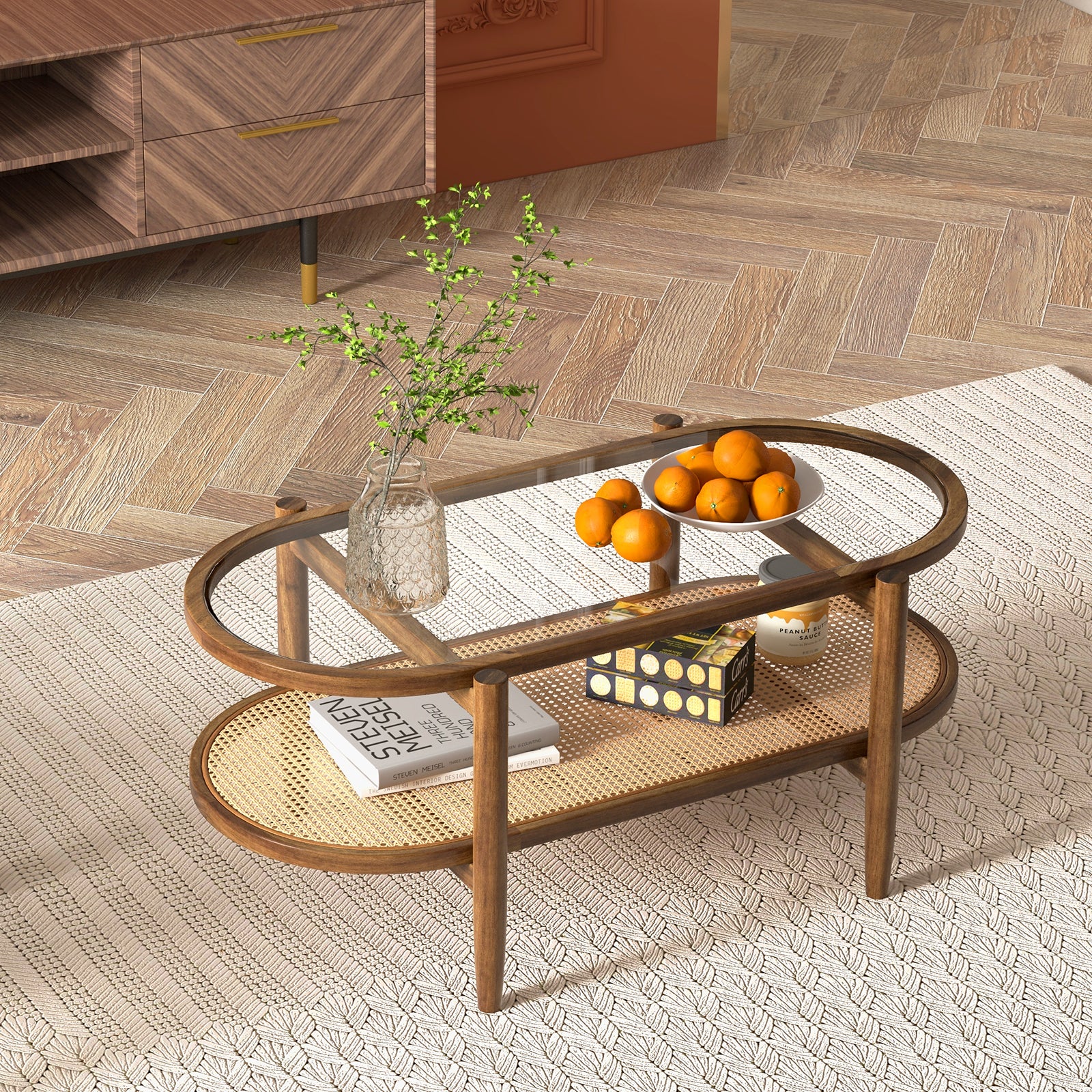 2-Tier PE Rattan Coffee Table with Storage-Brown